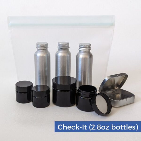 Front view of TSA friendly 3-1-1 travel toiletry container bag set one quart