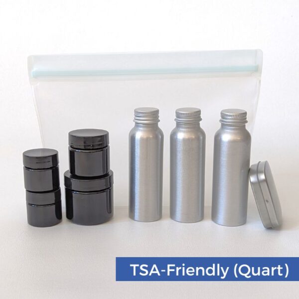 TSA friendly quart travel bag with eco friendly toiletry container set