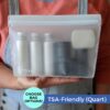 Woman holding TSA compliant travel toiletry container set in clear, quart bag for sustainable travel