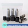 Eco-friendly, reusable travel container set in TSA friendly 3-1-1 quart bag with lightweight personal care bottles