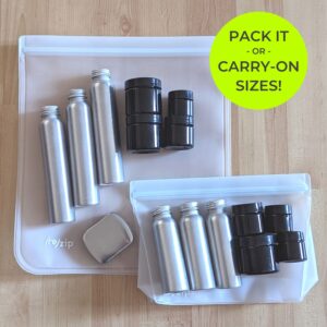 Eco-friendly packing toiletry container sets in leak proof bag.