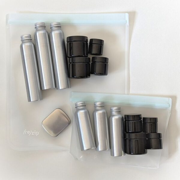 Eco-friendly travel toiletry container sets in 1 gallon and 1 quart TSA friendly bags