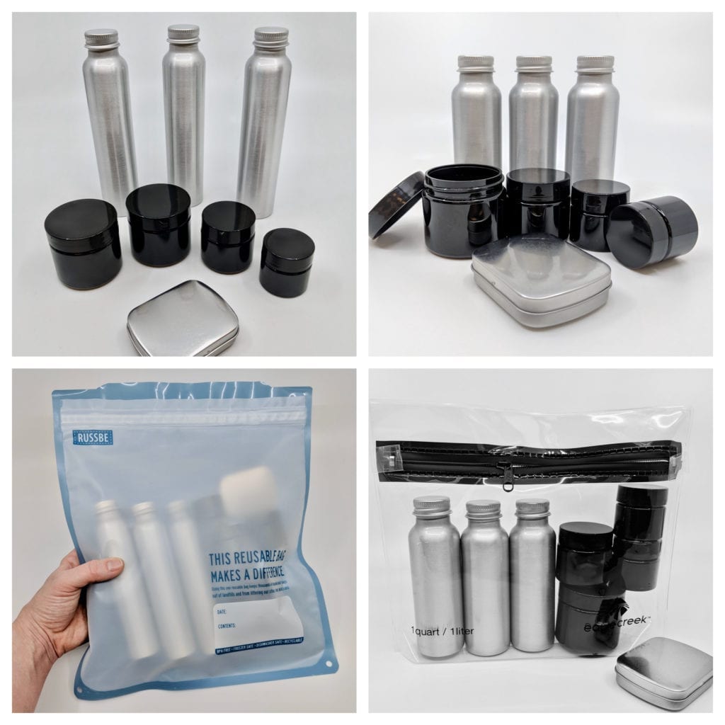 Pictured is four individual photos showing The Ultimate Reusable Travel Container Set displaying a variety pack of different sized TSA friendly reusable tin containers and plastic containers in clear leak proof bag.