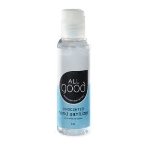 Eco friendly paraben free All Good Products brand unscented gel hand sanitizer in small clear 2 ounce bottle with blue and white label.