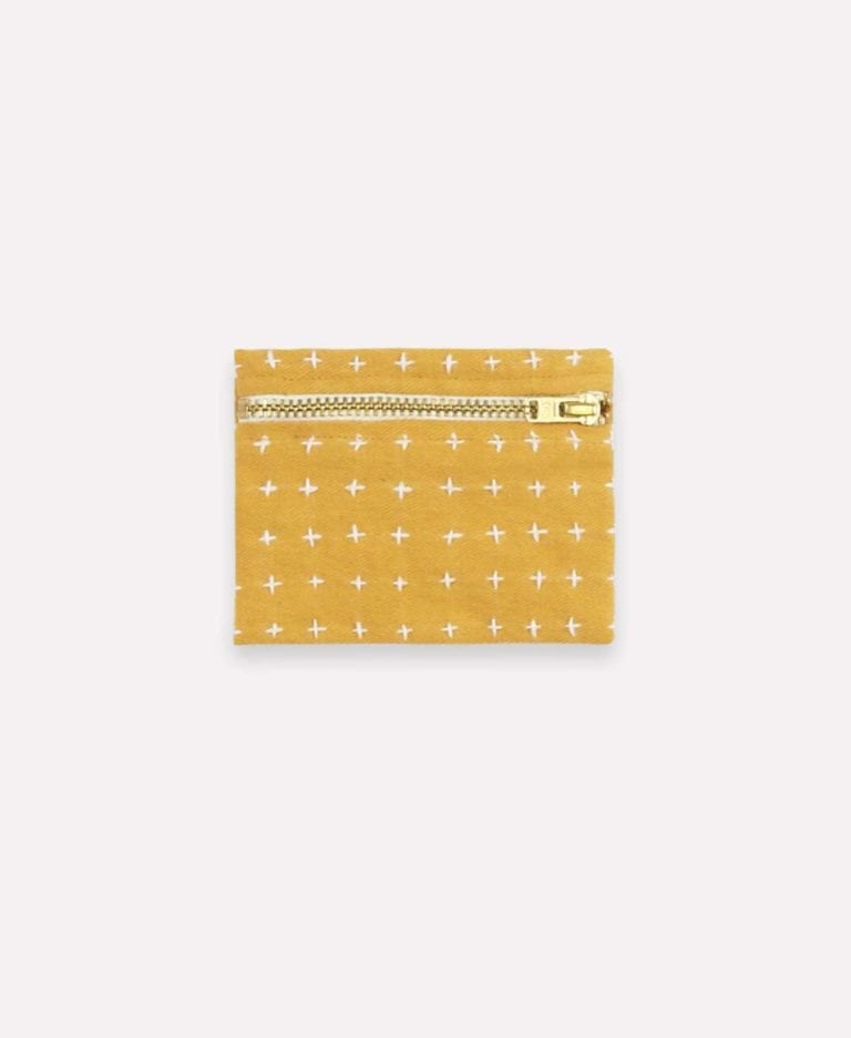 Eco friendly Anchal brand mustard yellow coin purse made from fair trade organic cotton.