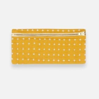 Earth friendly Anchal brand mustard yellow pencil case made from fair trade organic cotton.