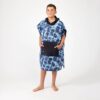 Young boy in sustainable, recycled kids changing poncho towel in Agua Blue