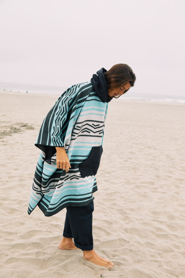 Man on beach in sustainable Baja Aqua quick dry Poncho Towel