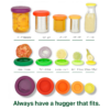Food Huggers size chart shows purple, red, orange, and yellow silicone discs and their corresponding sizes from 1.25 to 4 inch diameters.