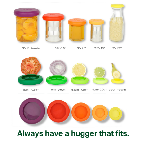 Food Huggers size chart shows purple, red, orange, and yellow silicone discs and their corresponding sizes from 1.25 to 4 inch diameters.
