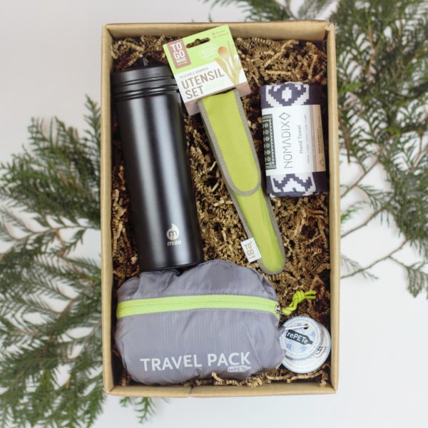 Planet friendly day pack gift box with resuable bottle, recycled towel, backpack an silverware set