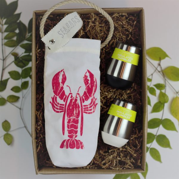 Sustainable wine gift box set with recycled sail lobster bag and reusable tumblers