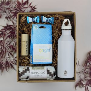 Eco friendly workout and exercise gift box with towel, reusable bottle and cleaning tablets, plus natural deodorant
