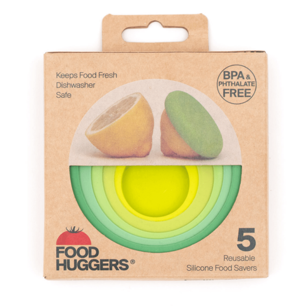 Packaging for the set of five green silicone reusable foods savers by Food Huggers.