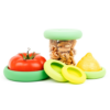 Five different sizes of Food Huggers silicone huggers that keep moisture in and food fresh.
