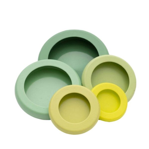 All five sizes shown of the reusable, eco-friendly silicone food savers by Food Huggers.
