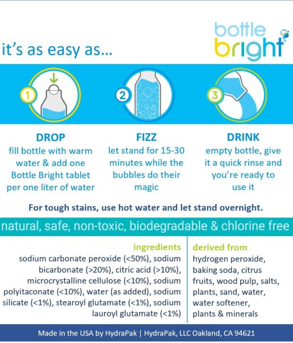 Instructions and ingredients for using bottle bright cleaning tablets.