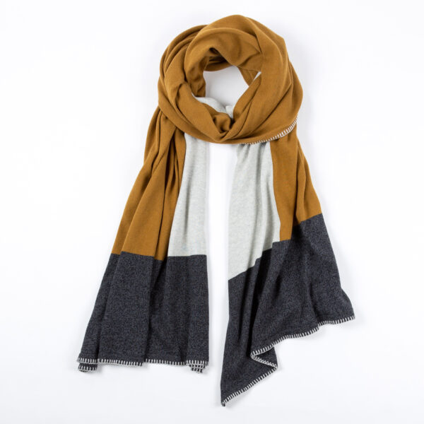 View of bronze colorblock organic cotton dreamsoft travel scarf