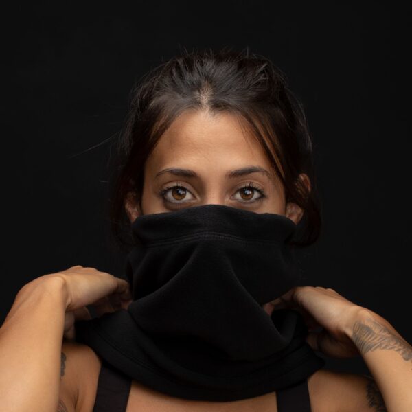 Female wearing air filtration black biogaiter