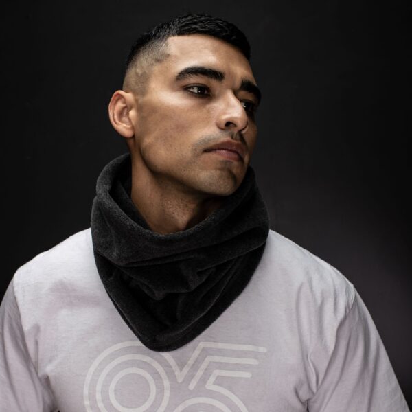 Male wearing air filtration recycled grey biogaiter from G95