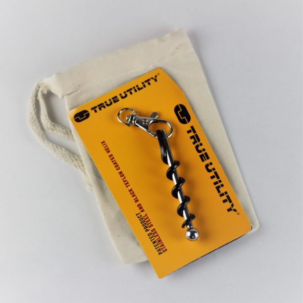 The easy to transport Twistick travel corkscrew by True is photographed with paper packaging and convenient linen pouch.