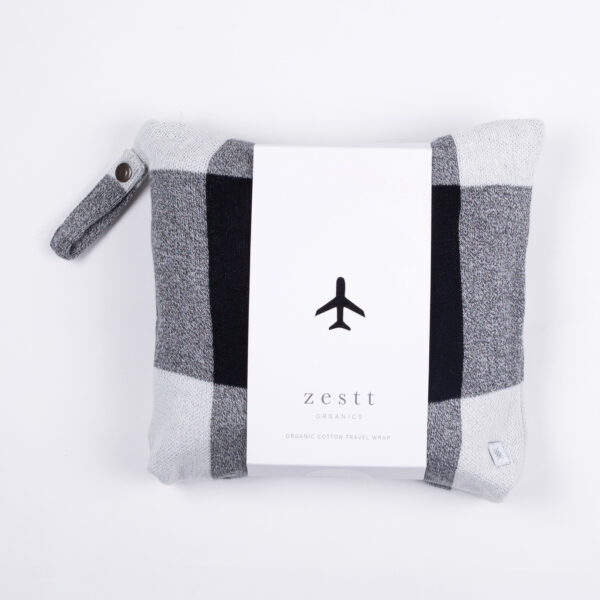Pouch for organic cotton travel blanket wrap from small business Zestt ORganics