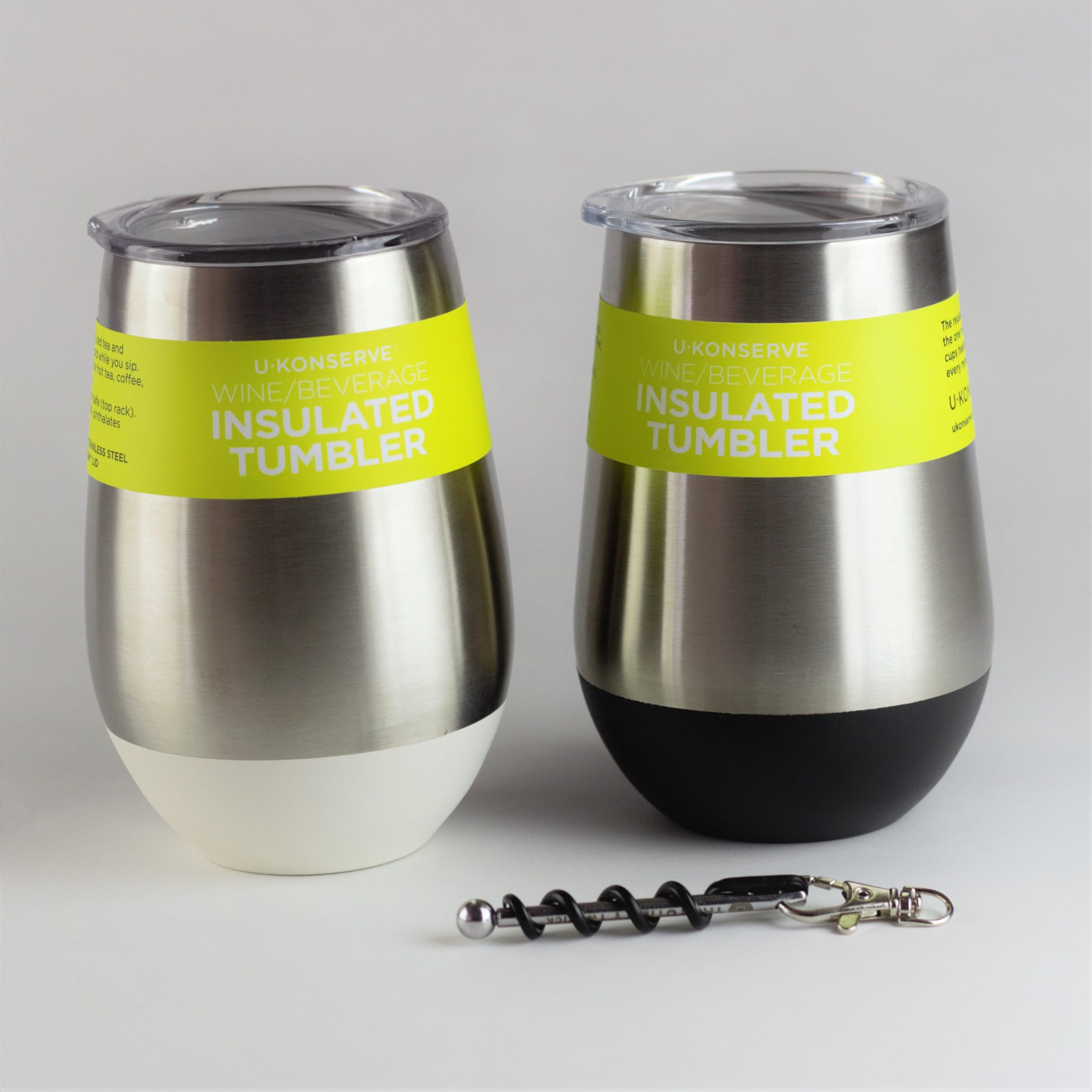 WINE-LOVERS-GIFT-BOX-TUMBLER-TWISTICK-1 Photo shows the Twistick travel corkscrew with the U-Konserve stainless steel tumblers with black and white base.