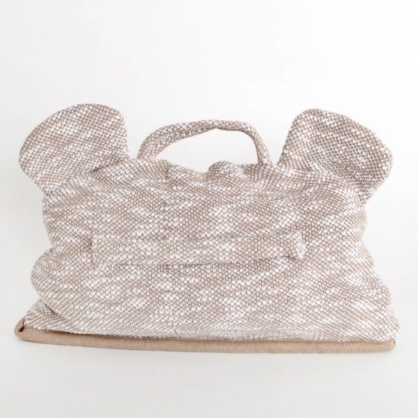 Photo shows the back of the organic cotton kid monkey blanket. The hood has a handle that makes for easy transport when rolled up.