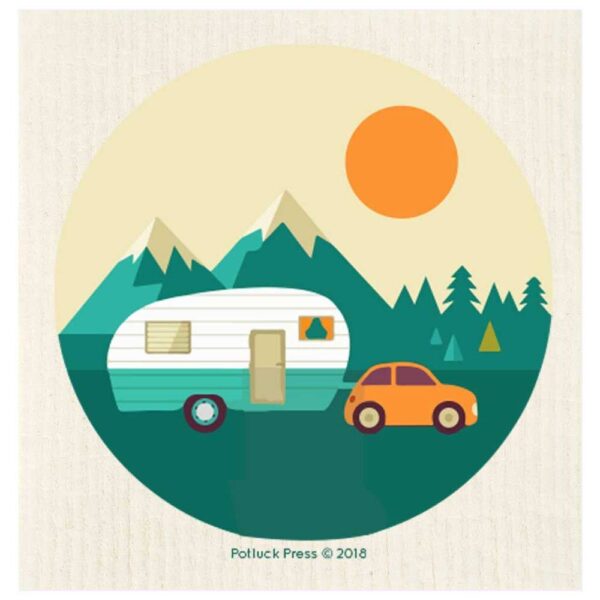 This dishcloth shows a car with an Airstream type camper driving through the mountains. Made by Potluck Press, these dishclothes are eco-friendly and save trees.