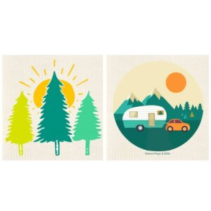 One Swedish dishcloth shown is printed with an illustration of sun shining through pine trees. The other dishcloth shows a car with an Airstream type camper driving through the mountains.