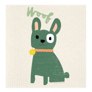 Illustration of a small green dog saying 'woof'.