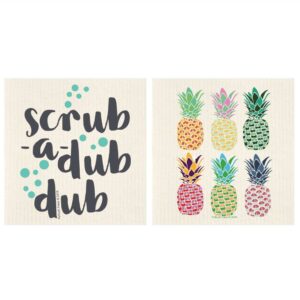 These earth-friendly Swedish dishcloths are reusable and save trees. They are printed with illustrations of pineapples and the phrase, 'scrub a dub dub'.