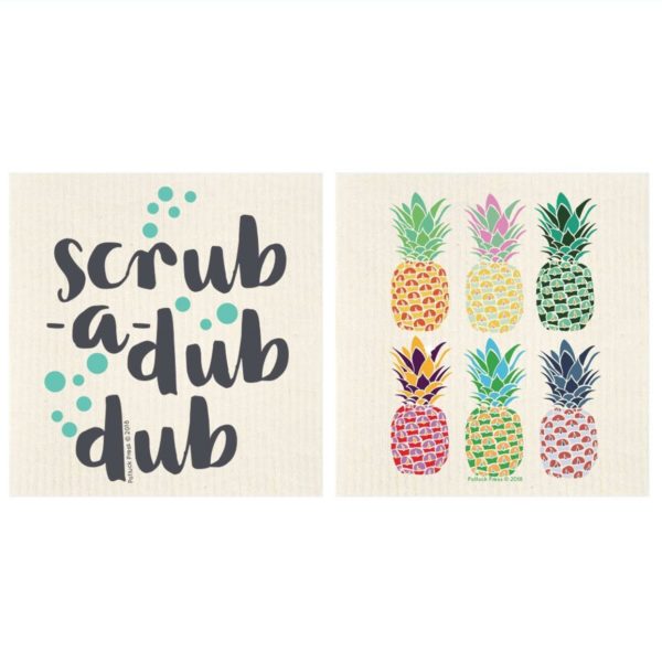 These earth-friendly Swedish dishcloths are reusable and save trees. They are printed with illustrations of pineapples and the phrase, 'scrub a dub dub'.