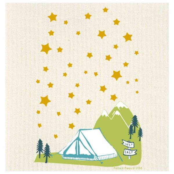 This eco-friendly dishcloth is a great replacement for paper towel. It features an illustration of a tent under the stars.