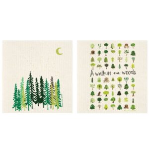 These eco-friendly swedish dishclothes star illustrations of different trees in a forest.