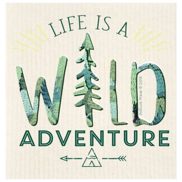 This Swedish dishcloth by Potluck Press says, 'Life is a Wild Adventure'. The dishcloth is green and eco-friendly.