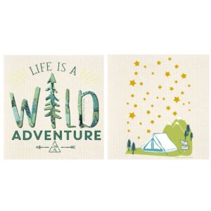 This set of green Swedish dishclothes by Potluck Press has two designs, one with a tent under the stars, and the other says, 'Life is a Wild Adventure'.