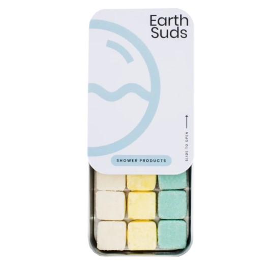 EarthSuds starter trio includes 5 sets of shampoo, conditioner, and body wash tablets; photo shows aluminum container is partially open.