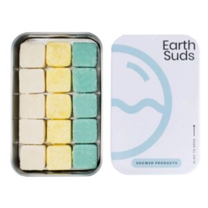 EarthSuds starter trio includes 5 sets of shampoo, conditioner, and body wash tablets in an aluminum tin. This is the perfect low waste travel companion.