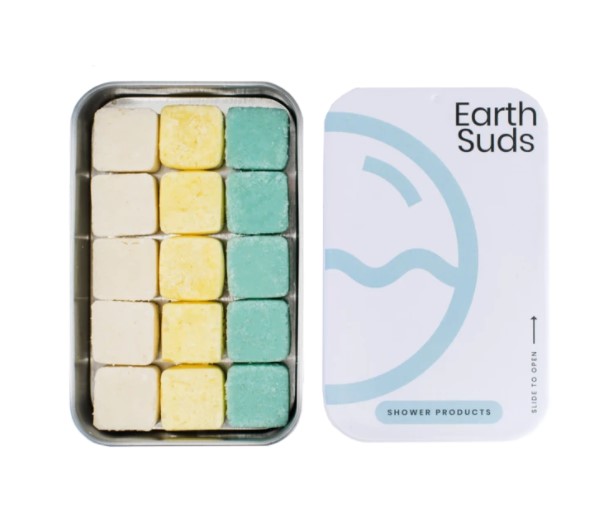 EarthSuds starter trio includes 5 sets of shampoo, conditioner, and body wash tablets in an aluminum tin. This is the perfect low waste travel companion.