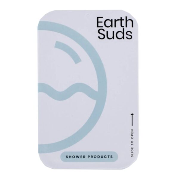 The EarthSuds aluminum travel tin allows for easy transport of shampoo, conditioner, and body wash tablets, and is plastic-free.