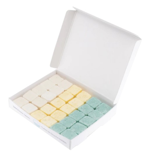 EarthSuds Trio box is plastic-free and contains a set of ten shampoo, conditioner, and body wash tablets.