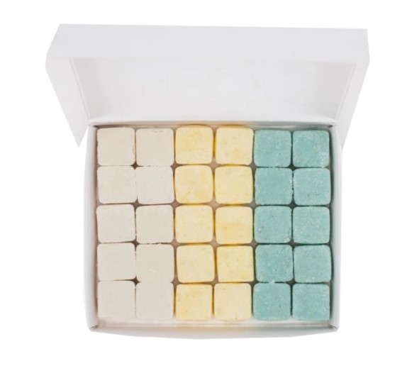 EarthSuds Trio box is plastic-free and contains a set of ten shampoo, conditioner, and body wash tablets.