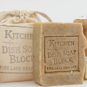 A solid block of earth friendly dish soap made in small batches and hand cut.