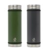 Photo includes side by side images of the earth-friendly Mizu stainless steel water bottles, one in army green and one in grey.