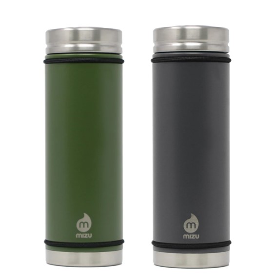 Photo includes side by side images of the earth-friendly Mizu stainless steel water bottles, one in army green and one in grey.