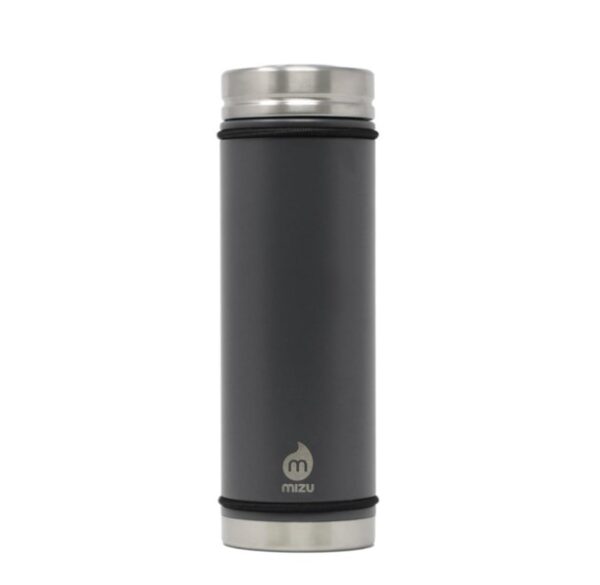 The Mizu insulated water bottle in grey with stainless steel accent is a great eco-friendly option for your next road trip.