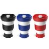 Photo includes all three colors of our reusable and collapsible Pokito to-go cups in black, blue, and red colors.
