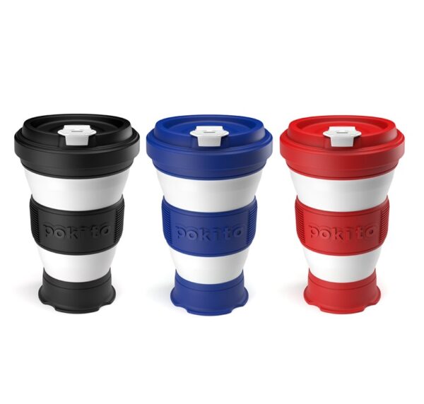 Photo includes all three colors of our reusable and collapsible Pokito to-go cups in black, blue, and red colors.