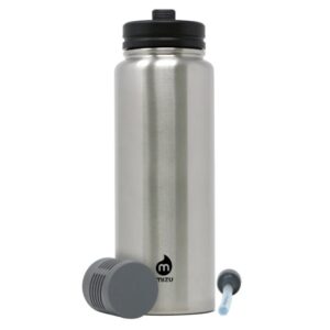An eco-friendly Mizu stainless steel bottle with Adventure purifier and straw.